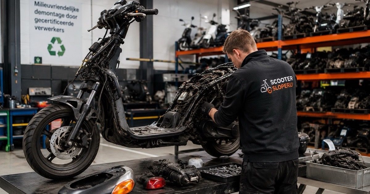 Monteur demonteert een scooter in de werkplaats; onderdelen liggen gesorteerd op de werkbank